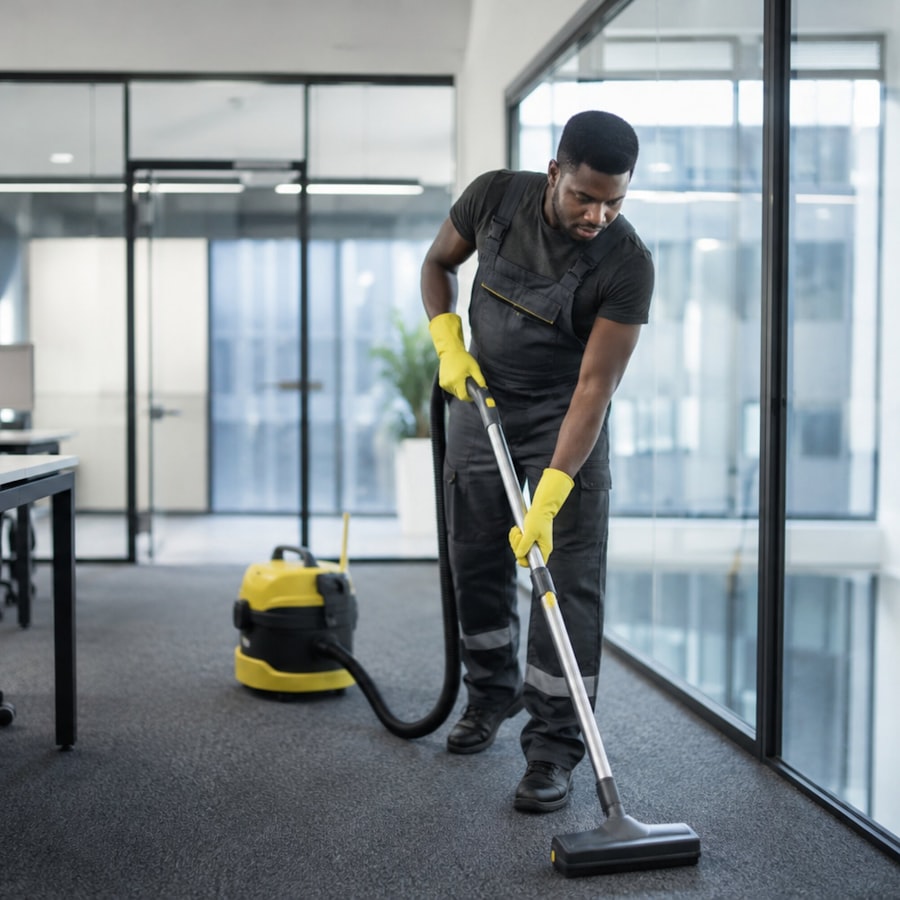 Cleaner vacuuming a modern office