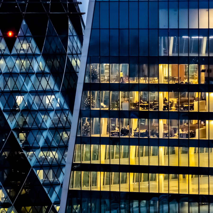 Modern London office building at dusk