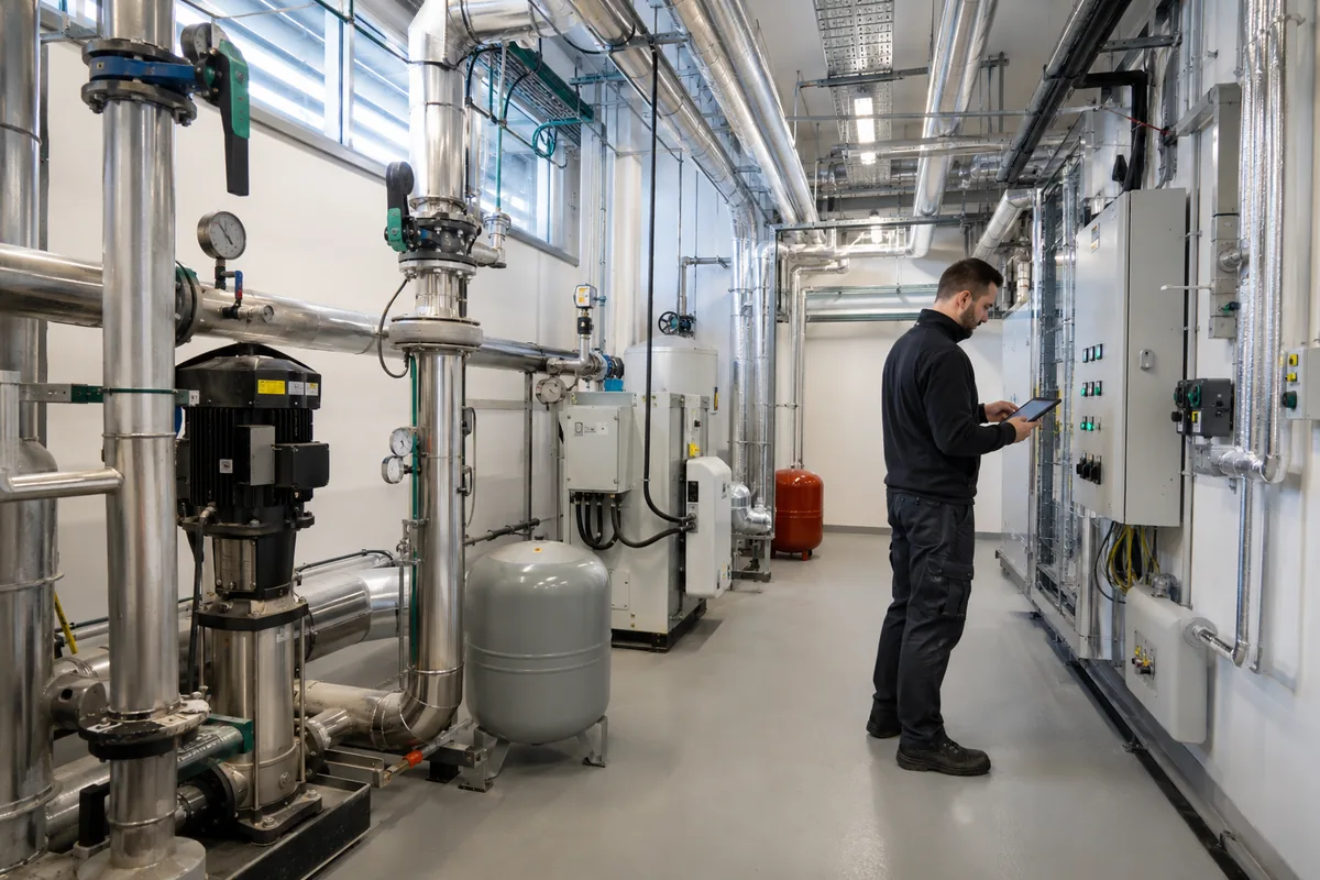 Engineer checking plant in a London commercial building