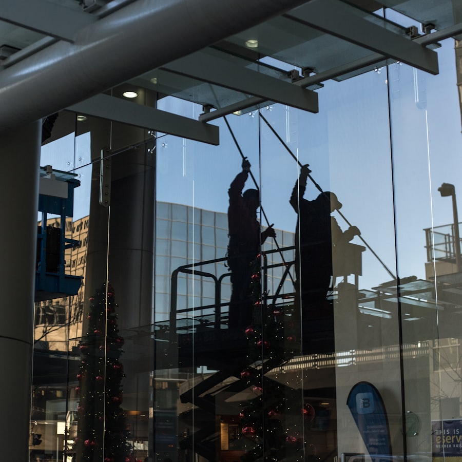 Technicians working on a glass facade